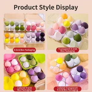 Macaron makeup sponge set with teardrop and slant-cut blenders in clear storage box