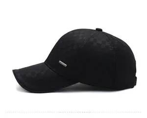 Side view of black checkered baseball cap with metal logo for middle-aged men