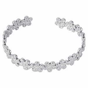 Detailed view of silver stainless steel adjustable open bangle with floral petal pattern