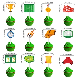 Detailed view of 12 soccer cupcake toppers with specific size dimensions in inches and cm