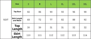 Detailed size chart for women's floral maxi dress set showing S to 3XL measurements