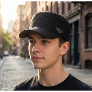 Détail d'une casquette militaire noire en coton avec un badge étoile en métal vintage