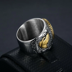 Vintage gold plated stainless steel praying hands cross ring with embossed silver texture