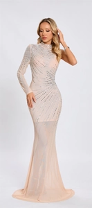 Close-up of rhinestones on apricot mesh of a one-shoulder fishtail evening dress