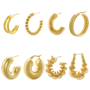 French Retro Style Copper Gold Plated C-Shape Stud Earrings Geometric Irregular Twisted Threaded Hoop Earrings For Women Jewelry