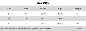 Size chart detail for sleeveless cutout mini dress showing bust waist and hips measurements