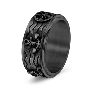 Punk vintage rotatable stainless steel anchor and compass ring for men in black