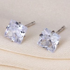 Classic square S925 sterling silver stud earrings with 4-claw clear zircon stone
