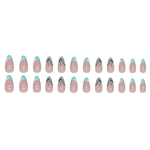 French mint green almond press-on nails set with butterfly design and gold line detail