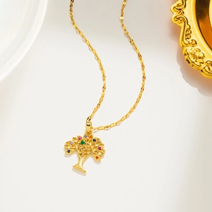 Detailed view of colorful zircon crystals on golden tree of life pendant necklace