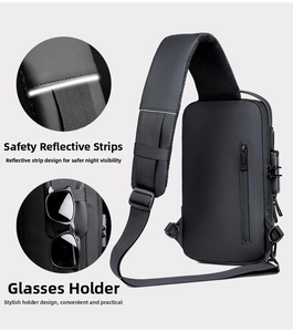 Detail view of water-resistant sling bag with anti-theft lock and reflective safety strip