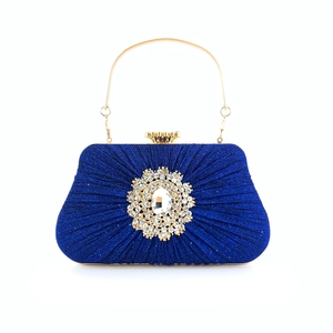 Pleated Satin Evening Clutch Bag Luxury Rhinestone Flower Banquet Wedding Party Handbag For Women With Metal Chain