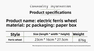 Detailed size chart for the rotating glowing Ferris wheel musical box with PC material