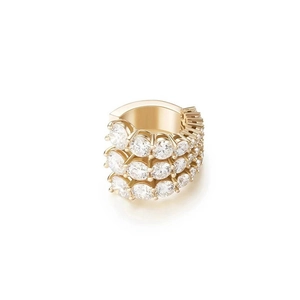 Macro view of three-row pave-set cubic zirconia on gold-plated ear cuff for women