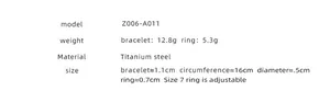 Detailed size chart for titanium steel heart jewelry set showing dimensions and weight