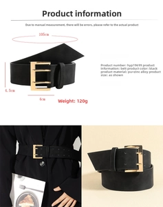 Close-up of black PU leather belt with a golden zinc alloy double-pin buckle