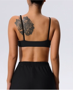 Close-up of black ribbed sports bra featuring thin straps and rectangular open back design