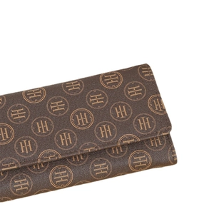 Coffee brown long leather wallet for women with repeating logo and flap closure
