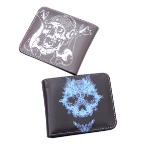 Men Bifold Short Wallet PU Leather Skull Print Multi Card Slots Zipper Coin Pocket Punk Rock Streetwear