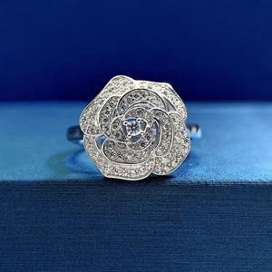 Exquisite S925 sterling silver camellia flower ring with sparkling zircon stones
