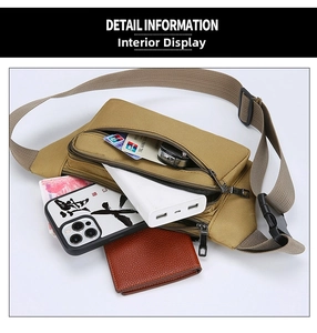 Detail view of khaki durable waist bag showing multi-pocket storage and large capacity