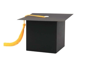 Detail of graduation cap favor box with black paper texture and yellow tassel