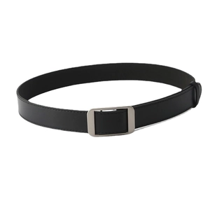 Classic black leather belt with matte silver rectangular metal buckle on white background