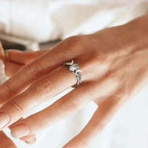 Triple moon goddess ring with moonstone and vine texture on hand for fashion women