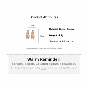 Detailed specs showing silver pin C-shaped earrings with zircon and copper materials