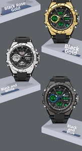 Close-up of SANDA dual display sports watches showing water resistance and strap detail