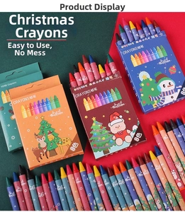 Christmas 8-color crayon sets with festive wrappers on a red and green background