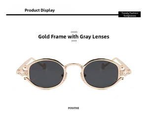 Detail view of retro oval sunglasses featuring ornate gold metal hollow carved temples
