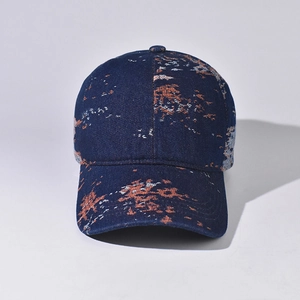 Denim baseball cap with blue wash abstract pattern and vintage unisex street style
