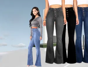 Detailed comparison of high waist flare jeans in dark blue, black, and grey denim finishes
