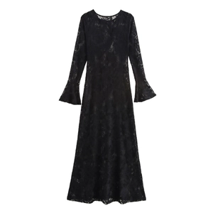 Elegant black lace maxi dress with long flare sleeves and slim fit bodycon silhouette