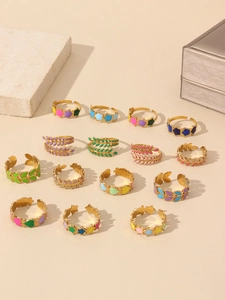 Collection of 18k gold plated open rings with colorful enamel stars and leaf designs