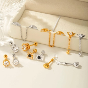 Titanium steel butterfly cartilage stud earrings set with zircon in gold and silver finish