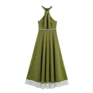 Halter Neck Sleeveless Knit Hollow Out Maxi Dress With Tassel Hem Olive Green Elegant Vacation Style Backless Long Gown