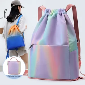 Gradient Drawstring Backpack Waterproof Nylon Foldable Sport Gym Bag For Fitness Yoga Travel Large Capacity