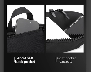Détail de la poche arrière antivol et du grand compartiment avant sur le sac bandoulière