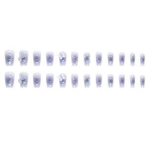 Purple gradient press-on nails set with 3D white butterfly pearls and rose floral charms
