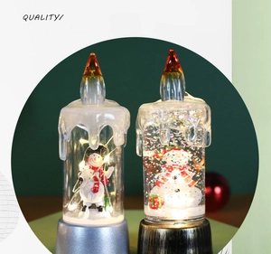 Detail view of festive LED Christmas candles featuring snowman figurines and warm lighting