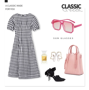 Flat lay of pink oversized sunglasses with a gingham dress and fashion accessories