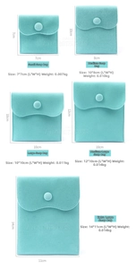 Size specification chart for velvet jewelry pouches with snap buttons in five various dimensions