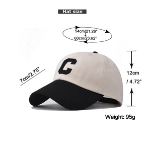 Detailed size specifications for a cotton baseball cap with C embroidery and color blocking
