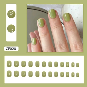Glossy olive green square press-on nails set with 24 pieces for women manicures
