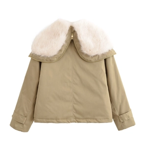 Close-up detail of khaki parka jacket showing fluffy cream faux fur collar and texture