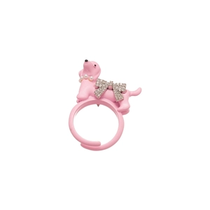 Pink dachshund open ring with pearl collar and sparkling rhinestone bow on white background