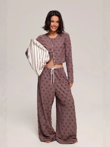 Vêtements De Détente Femmes Texture Cœur Gaufrée Cardigan À Manches Longues Et Pantalon Large Décontracté Pyjama