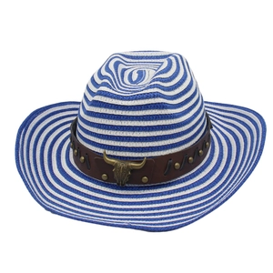 Chapeau De Paille À Rayures Cowboy Occidental Avec Bande En Cuir Tête De Taureau En Métal Vintage Protection Solaire Plage